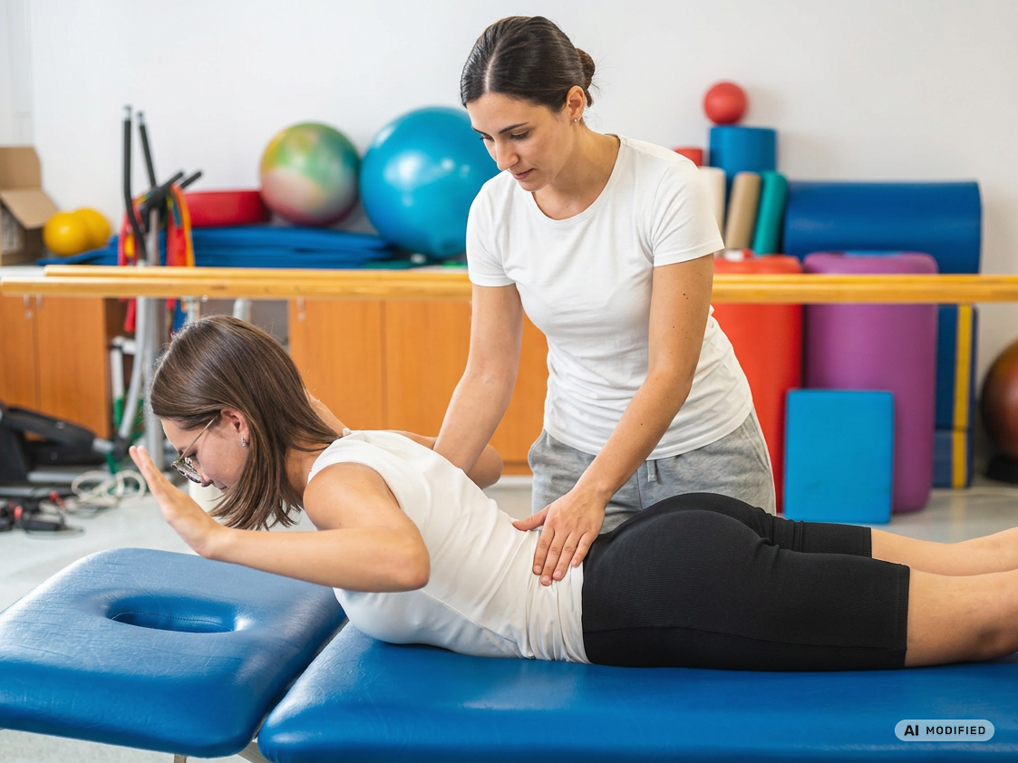 Behandlungssituation Physiotherapie, Therapeutin und Patientin Behandlungssituation Physiotherapie, Therapeutin und Patientin